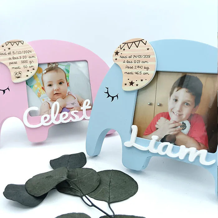 Portarretratos elefante rosa personalizado bebé - AZUL