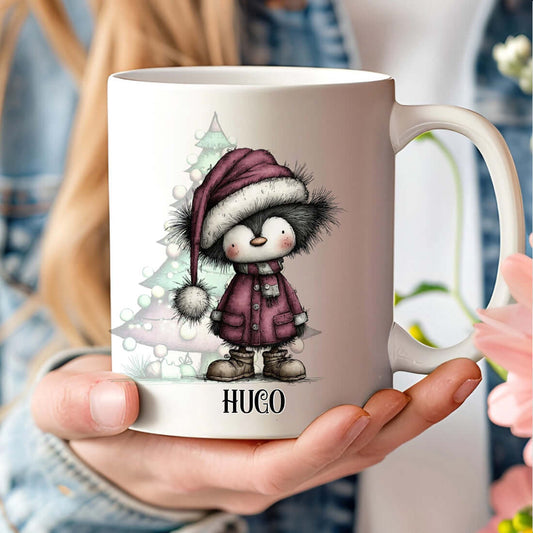 taza con nombres y personajes navideños – pingüinos personalizados  