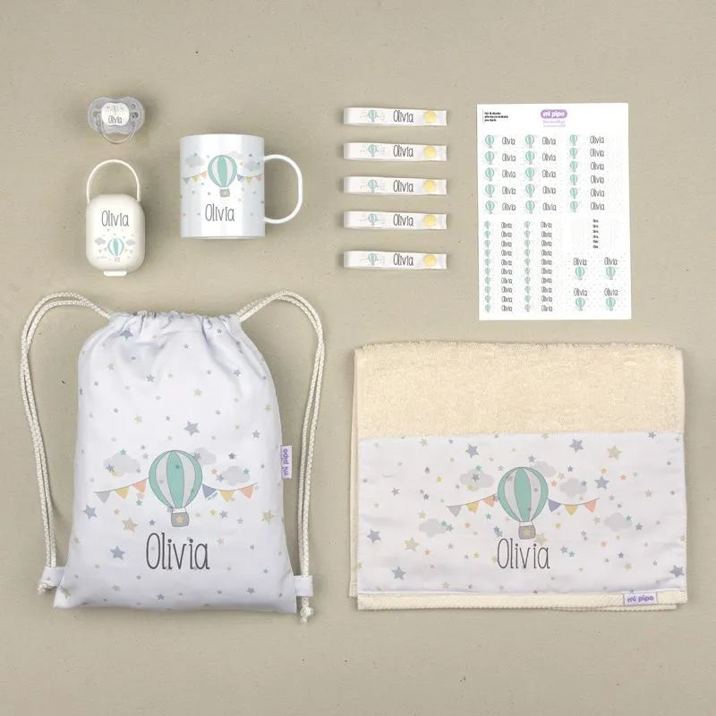 Pack escolar infantil personalizado con nombre, ideal para guardería y colegio.