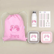Set de guardería personalizado con nombre: mochila, botella y fiambrera.