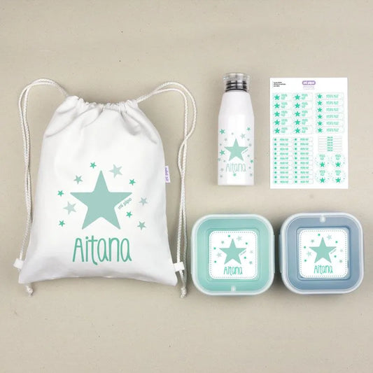 Pack escolar infantil personalizado con nombre, ideal para guardería y colegio.