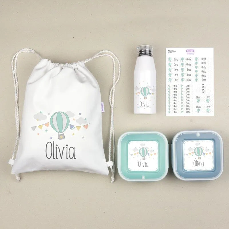Pack escolar infantil para vuelta al cole con nombre personalizado.
