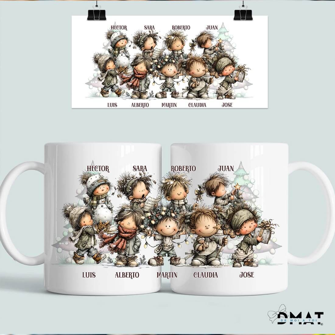 Taza personalizada con ilustración de niños navideños – Regalo divertido en grupo