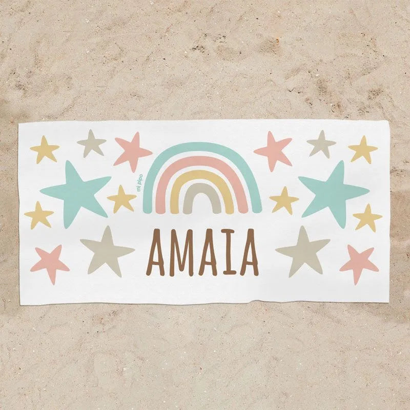 Toalla infantil personalizada con nombre estampado arcoiris menta