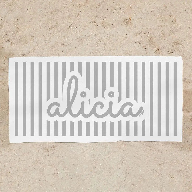 Toalla infantil personalizada con nombre estampado gris piscina