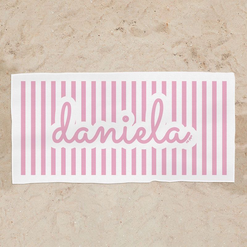 Toalla infantil personalizada con nombre estampado rosa playa