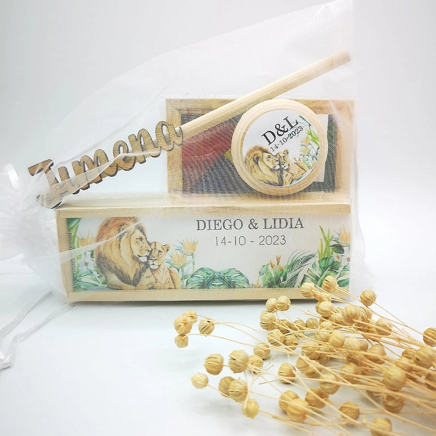 Pack juegos de madera personalizados para invitados infantiles