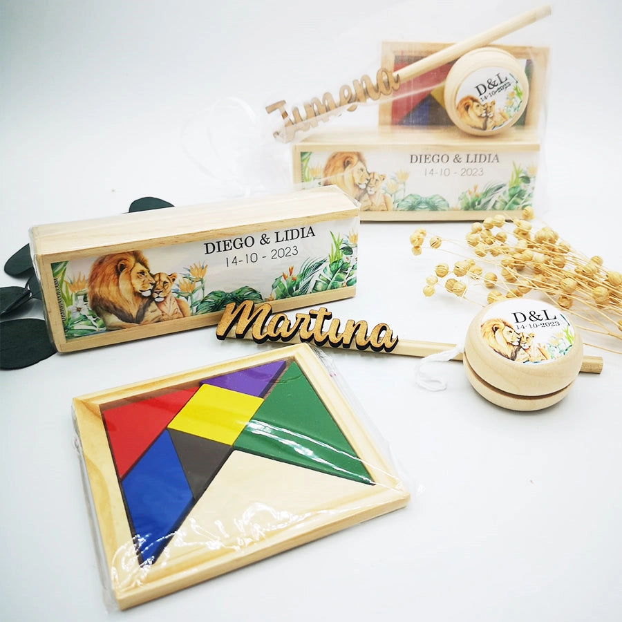 Pack juegos de madera personalizados para invitados infantiles