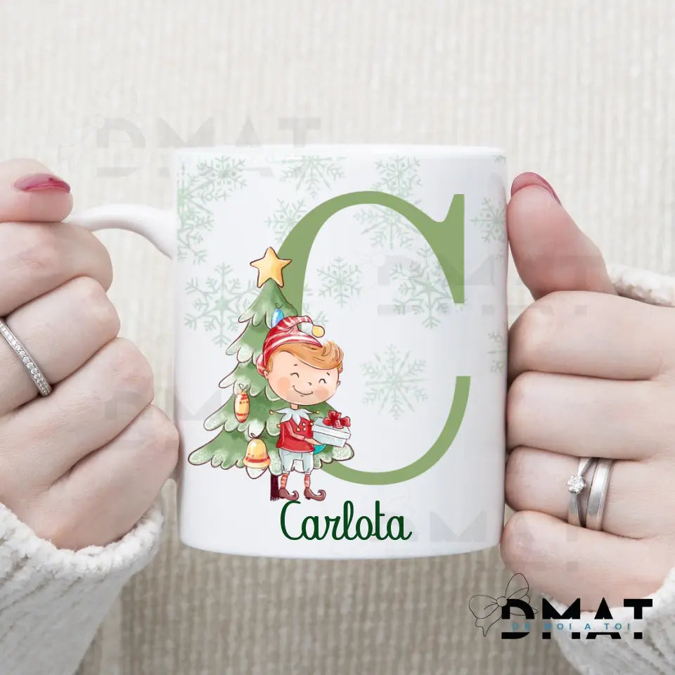 Taza personalizada Inicial y nombre - Elfo navideño