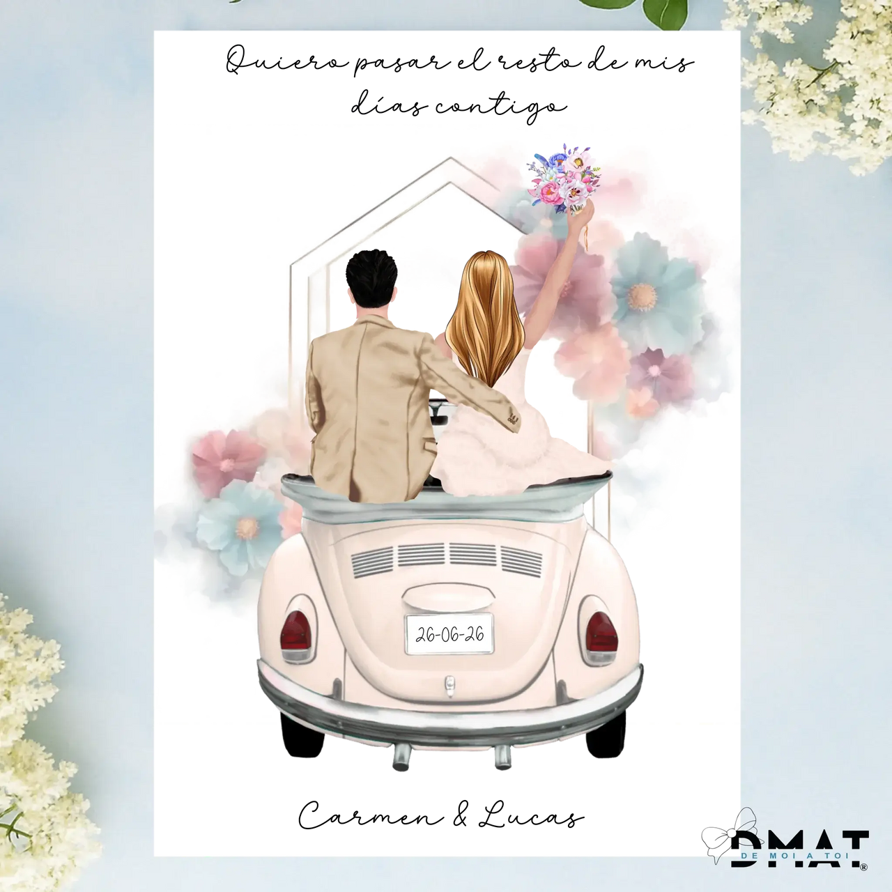 Regalos personalizados ilustración boda de novios en coche clásico con flores de fondo