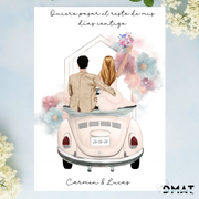 Regalos personalizados ilustración boda de novios en coche clásico con flores de fondo