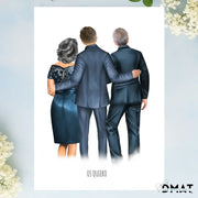 Regalos personalizados ilustración boda - ilustración del novio con sus padres en un diseño emotivo.