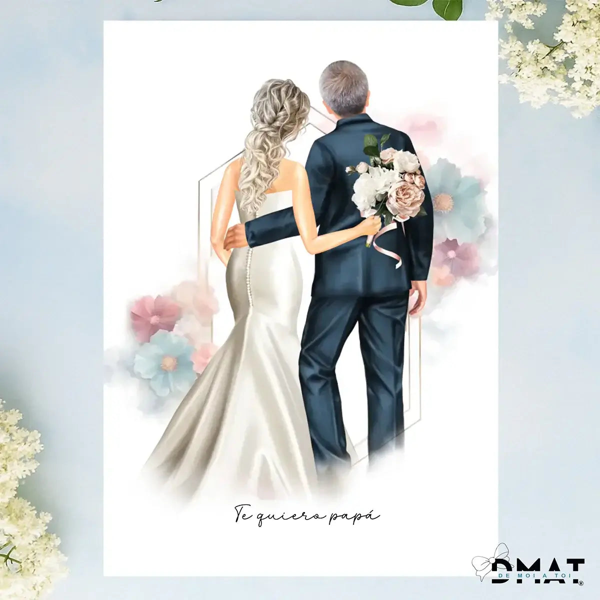 Regalos personalizados novia padre padrino - Ilustración de novia con su padre en un estilo elegante.