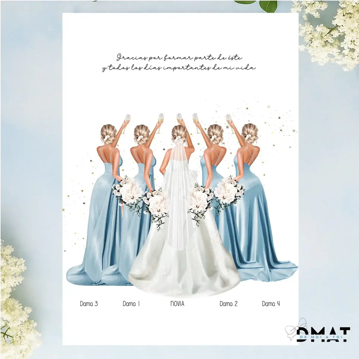 Regalos personalizados damas de honor con ilustración de novia y damas en vestido elegante
