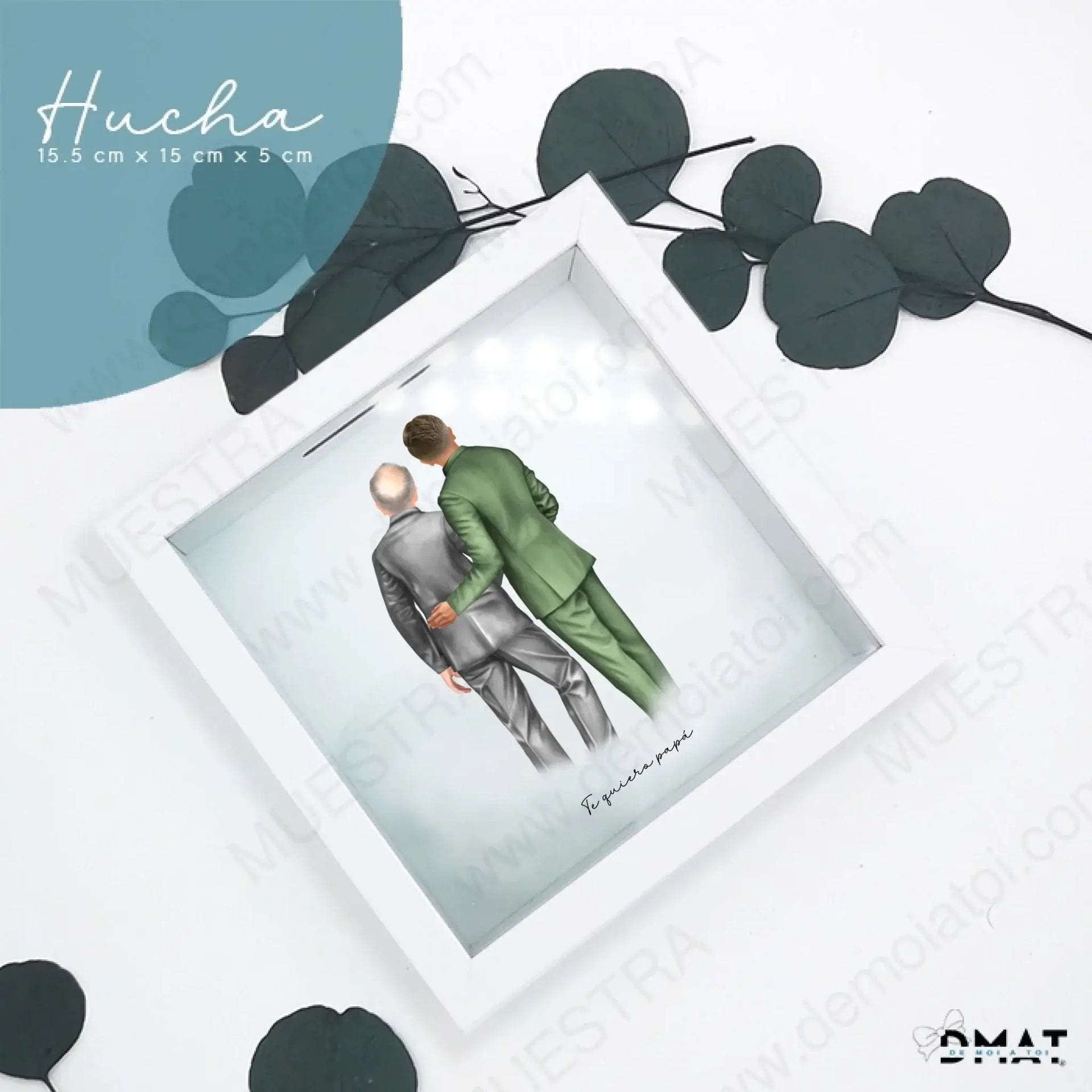 Regalos personalizados ilustración novio padre en hucha con diseño de dos hombres abrazados.