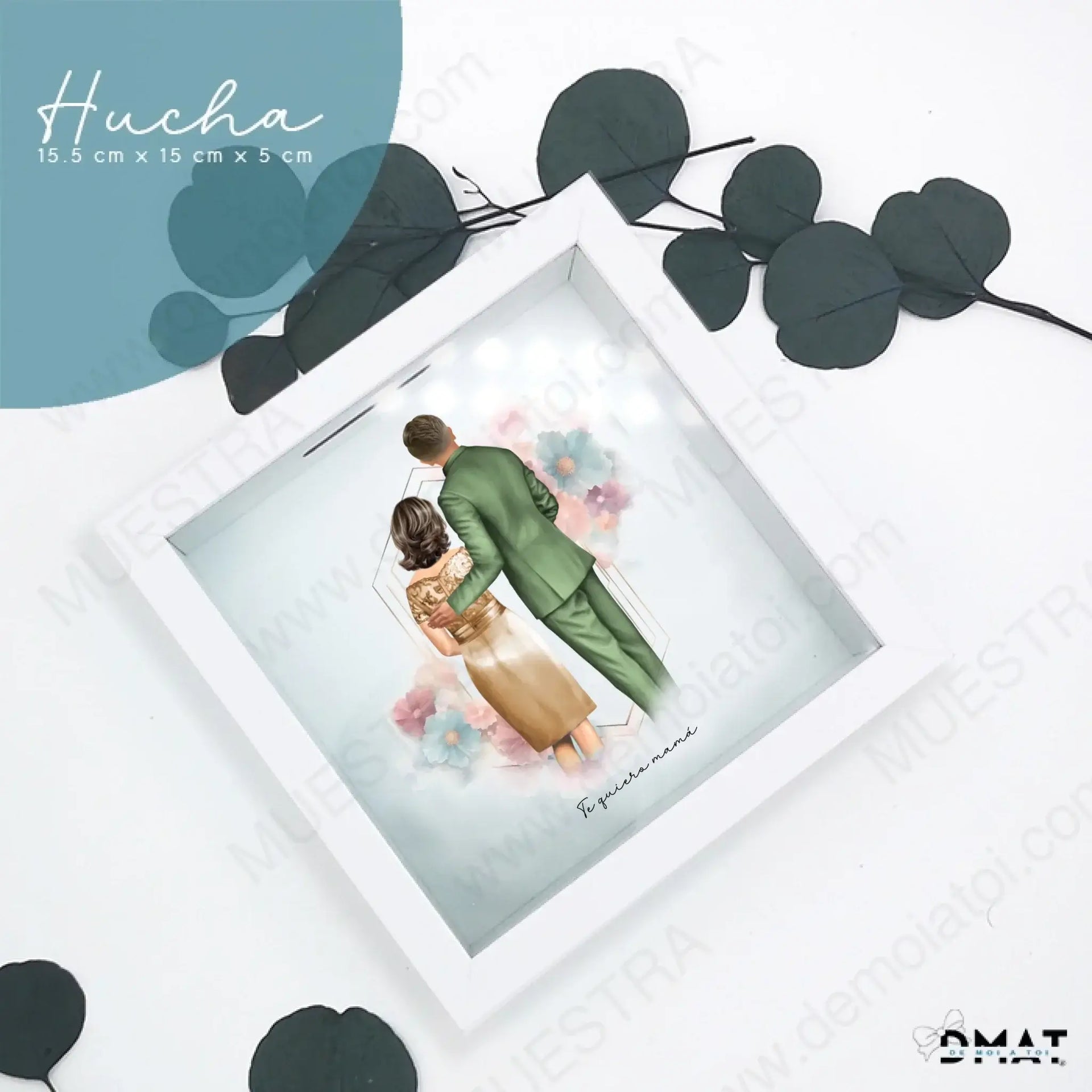 Regalos originales de boda - ilustración de novio con madre en hucha personalizada, diseño único y emotivo.