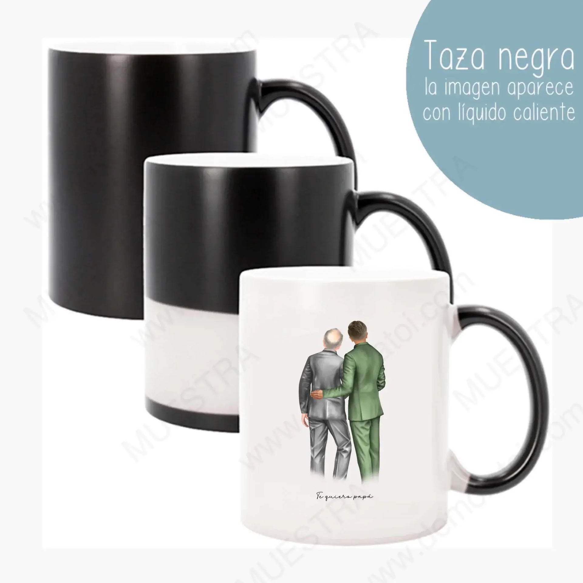Taza negra personalizada con ilustración de novio y padre, cambia con líquido caliente, regalos personalizados ilustración novio padre.