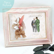 Regalos personalizados ilustración novio padre en marco rosa con flores decorativas.