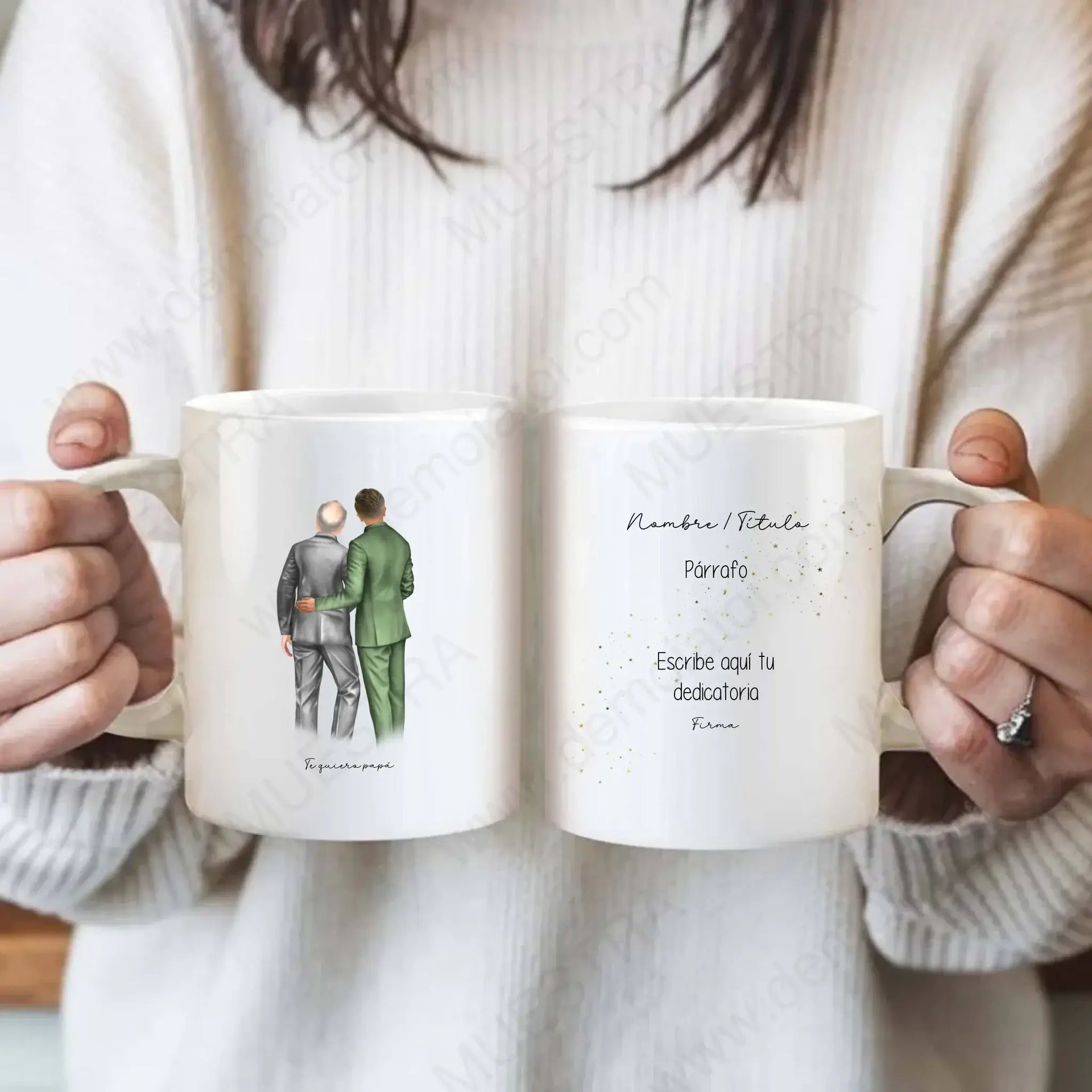 Regalos personalizados ilustración novio padre en tazas con diseño emotivo para celebrar la conexión entre ellos.