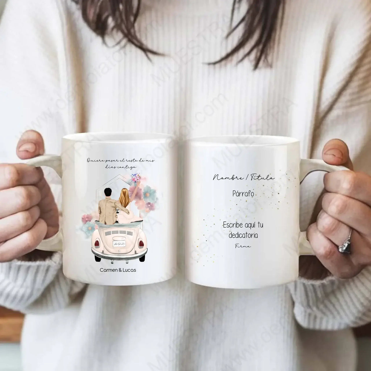 Regalos personalizados ilustración boda - Taza con ilustración de novios en coche de boda, diseño emotivo y personalizado.