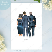 Regalos personalizados ilustración boda: novio abrazando a sus padres en un diseño emotivo