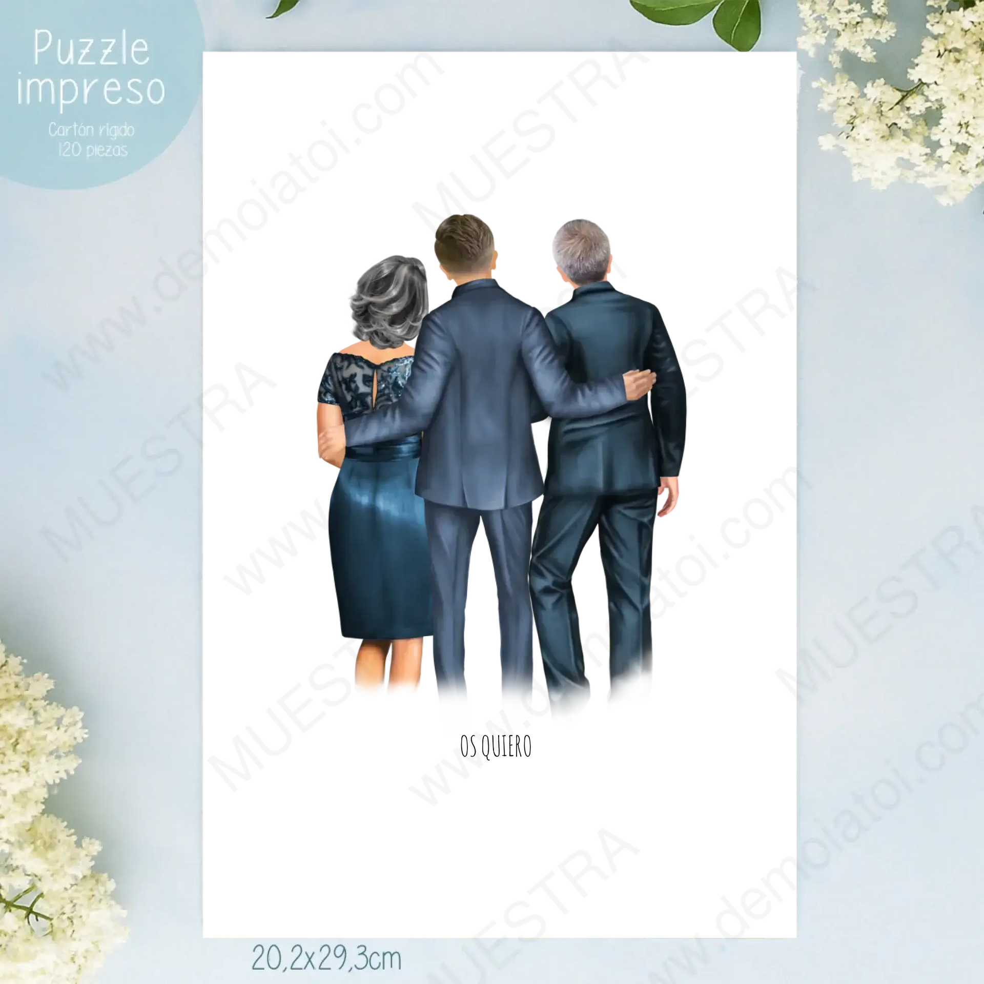 Regalos personalizados ilustración boda: novio abrazando a sus padres en un diseño emotivo