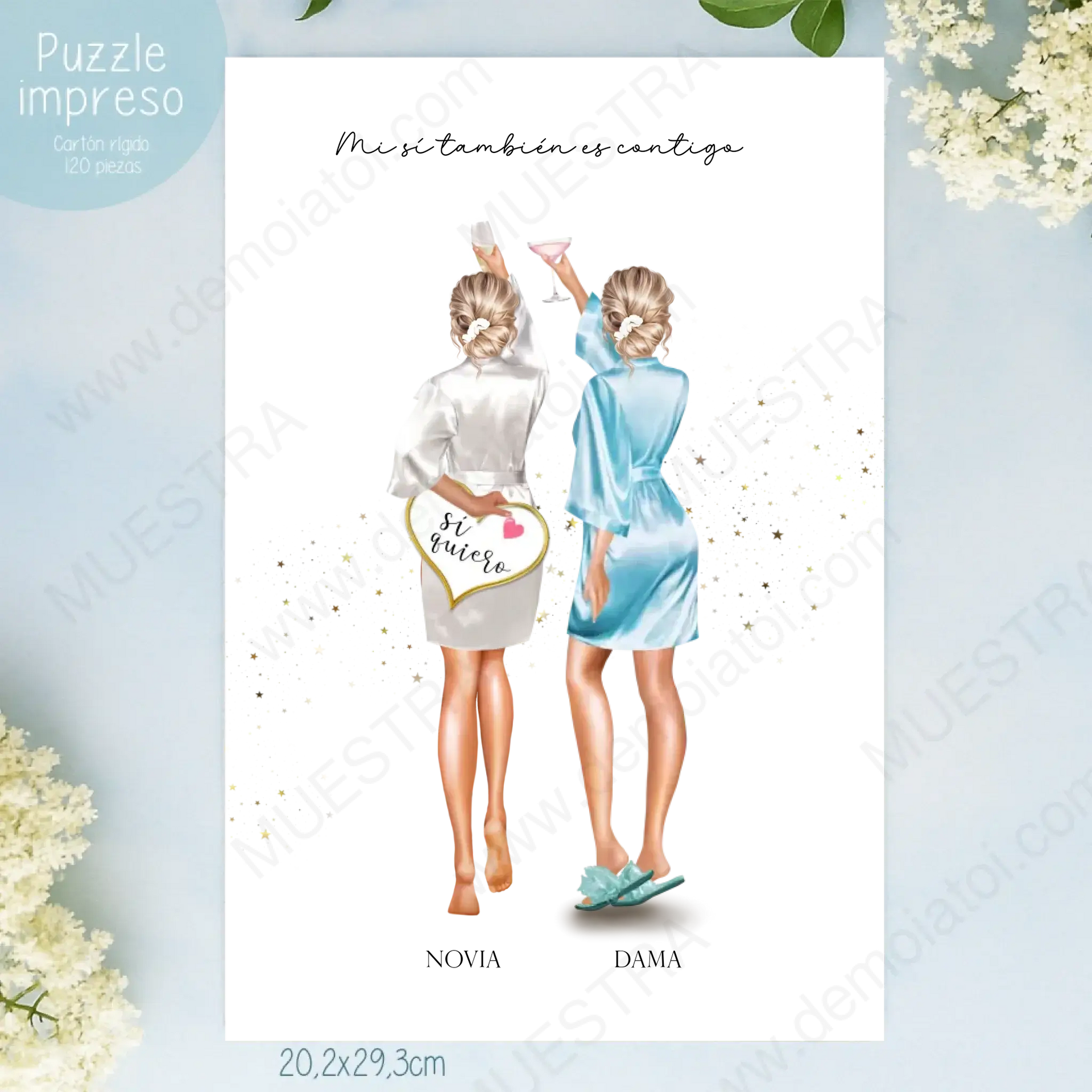 Regalos personalizados damas de honor en pre-boda, ilustración de damas con bata y brindis.