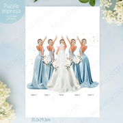 Regalos personalizados damas de honor con ilustración de novia y damas de honor en vestido azul.