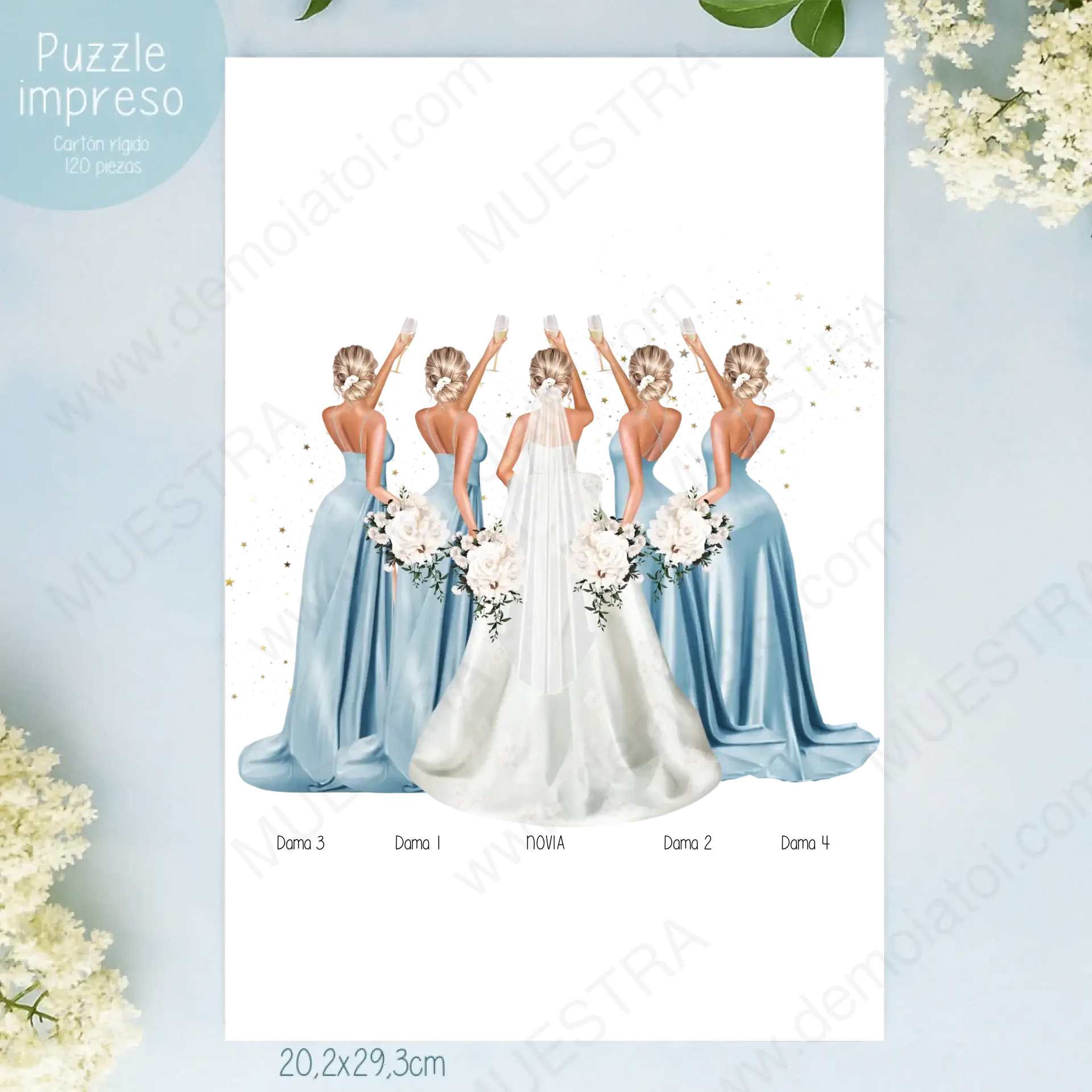 Regalos personalizados damas de honor con ilustración de novia y damas de honor en vestido azul.