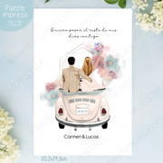 Regalos personalizados ilustración boda de novios en coche en diseño emotivo y colorido.