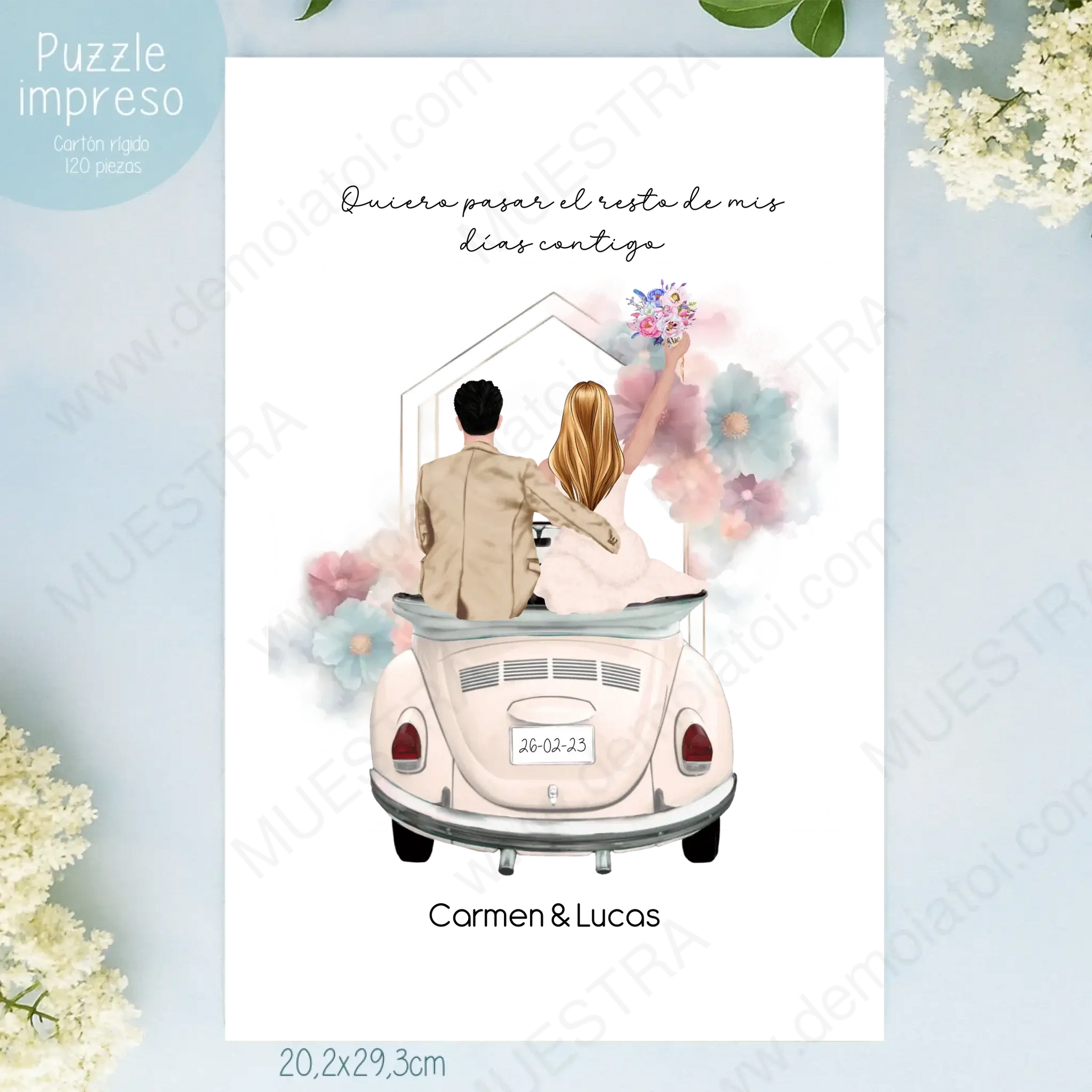 Regalos personalizados ilustración boda de novios en coche en diseño emotivo y colorido.