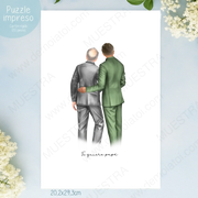 Regalos personalizados ilustración novio padre, imagen de novio y padre abrazados en un rompecabezas.