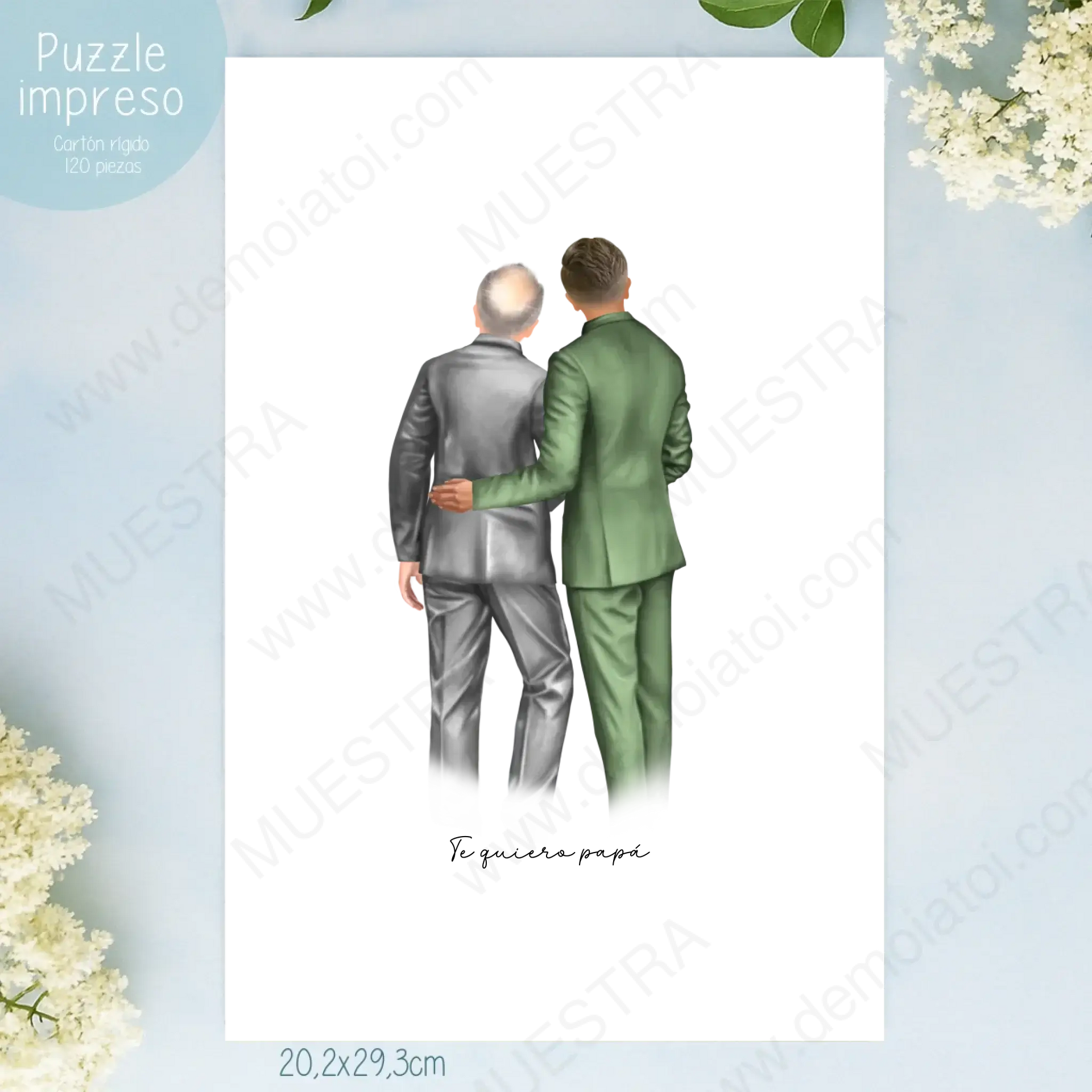 Regalos personalizados ilustración novio padre, imagen de novio y padre abrazados en un rompecabezas.