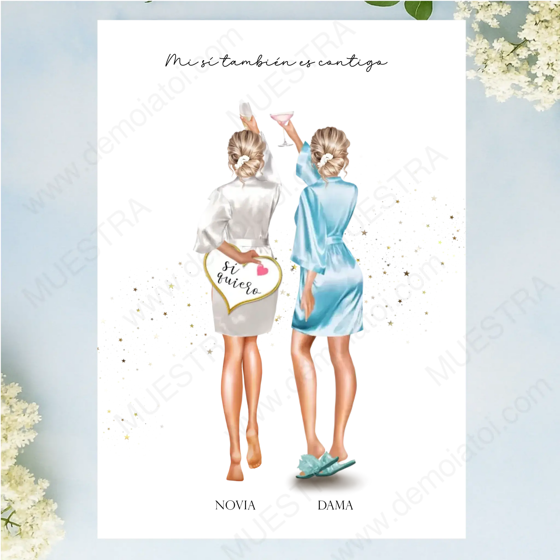 Regalos personalizados damas ilustración de damas de honor en bata de pre-boda con diseño elegante