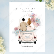 Regalos personalizados ilustración boda - novios en coche con fondo floral