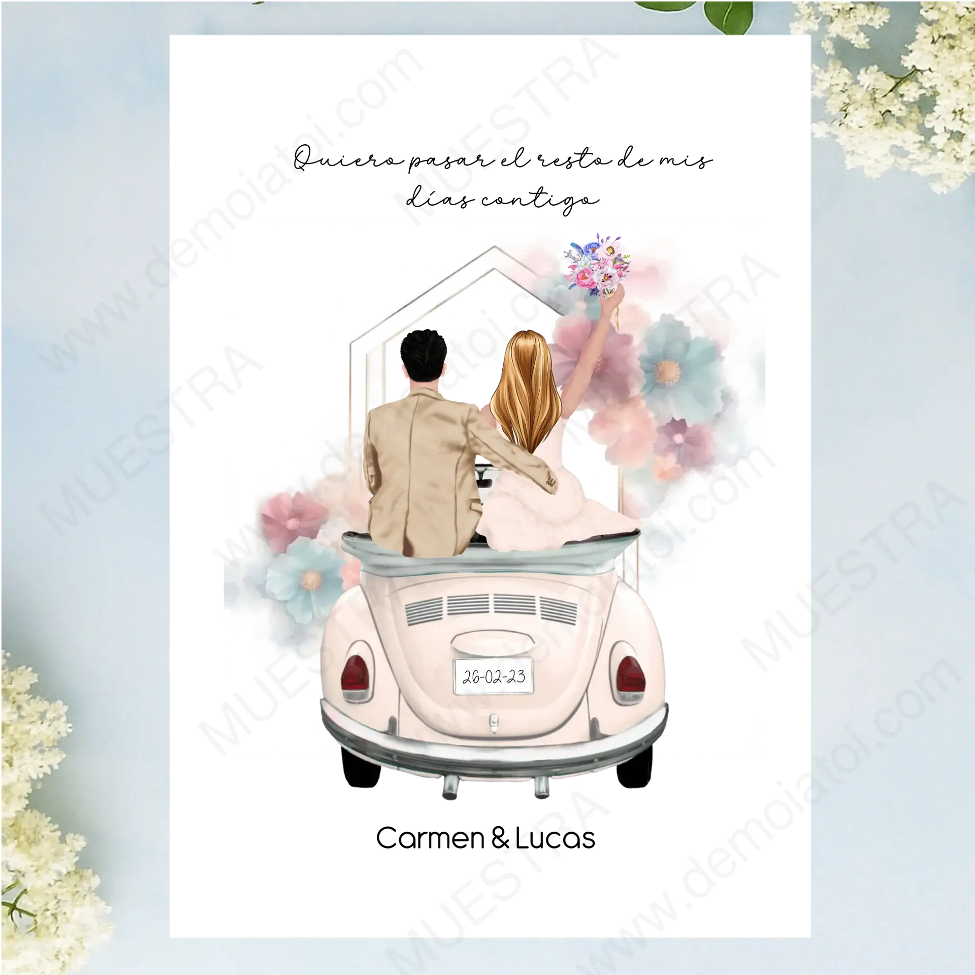 Regalos personalizados ilustración boda - novios en coche con fondo floral