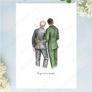 Regalos personalizados ilustración novio padre, dibujo de un padre y su hijo en un evento especial.