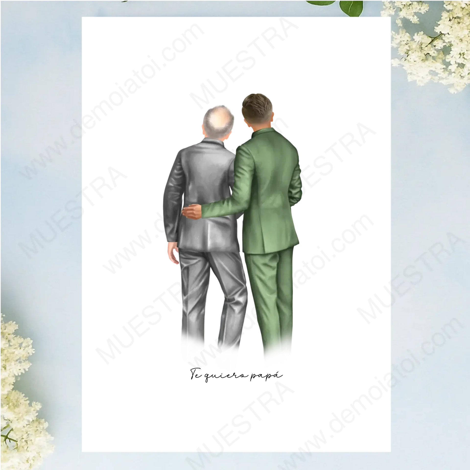 Regalos personalizados ilustración novio padre, dibujo de un padre y su hijo en un evento especial.