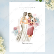 Regalos ilustración boda madre novia - Ilustración de novia y madre con flores, regalo personalizado para el día especial.