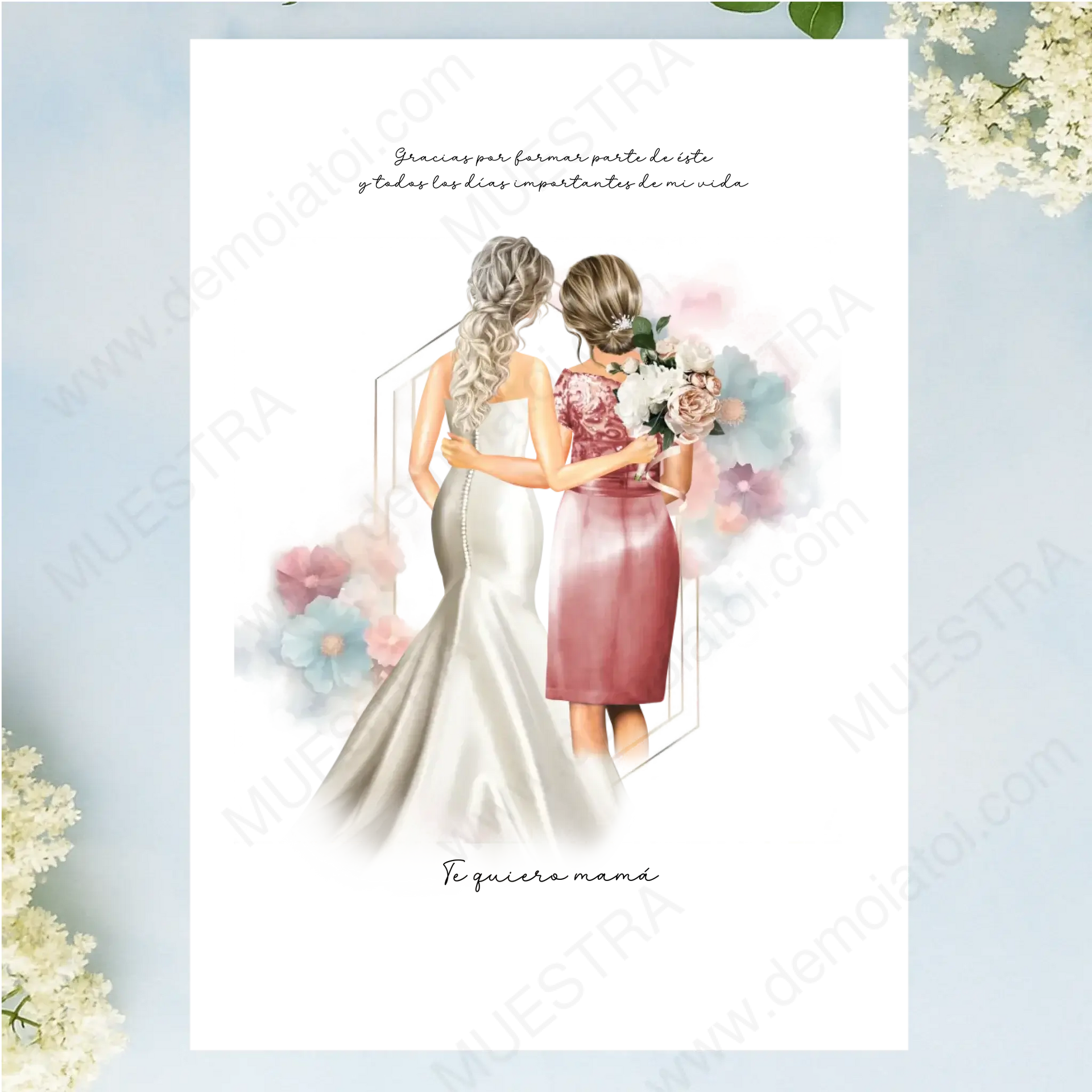 Regalos ilustración boda madre novia - Ilustración de novia y madre con flores, regalo personalizado para el día especial.