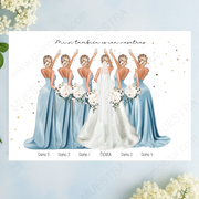 Regalos personalizados damas de honor con ilustración de novia y damas de honor en vestidos azules.