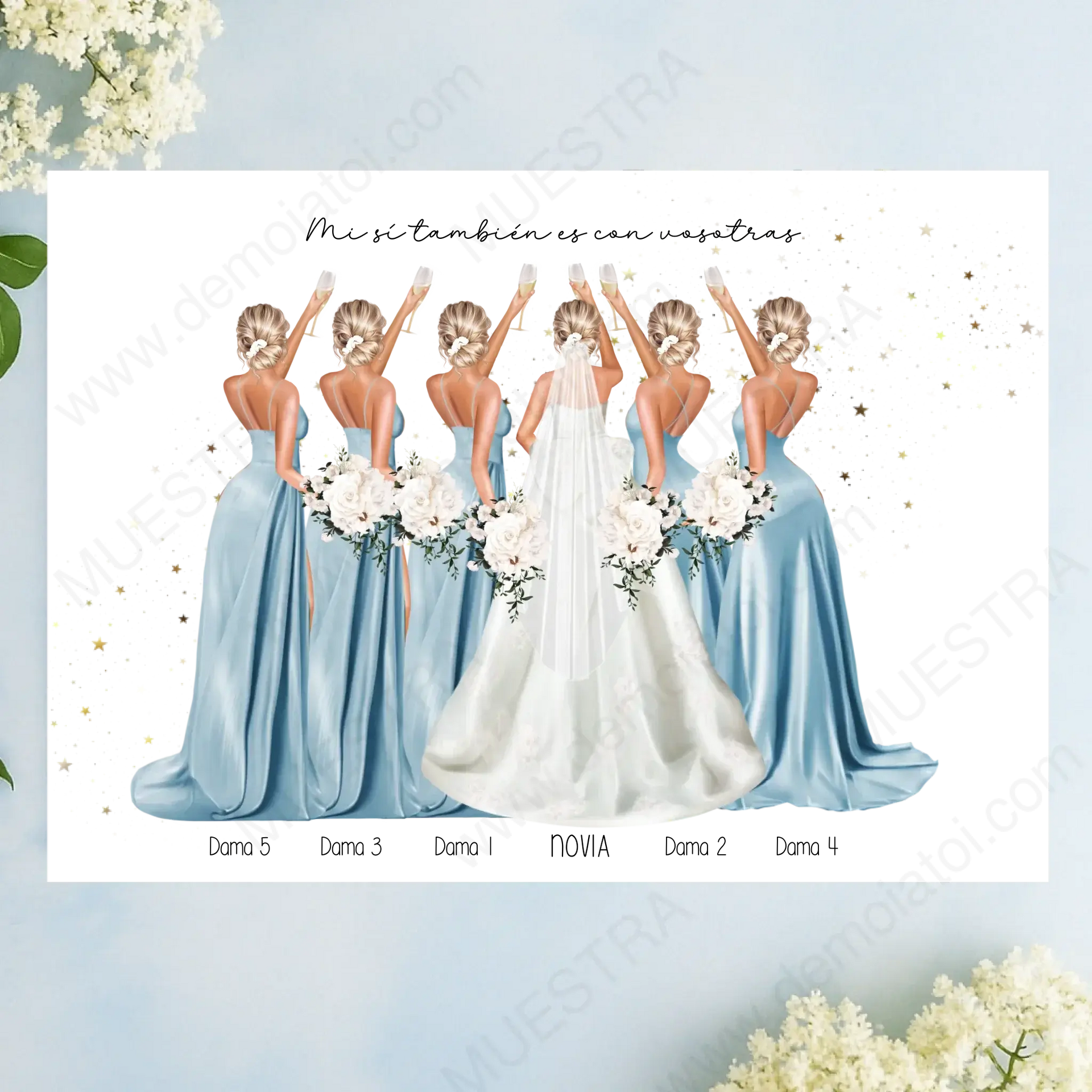 Regalos personalizados damas de honor con ilustración de novia y damas de honor en vestidos azules.