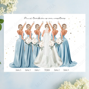 Regalos personalizados damas de honor con ilustración de novia y damas en vestidos azules.
