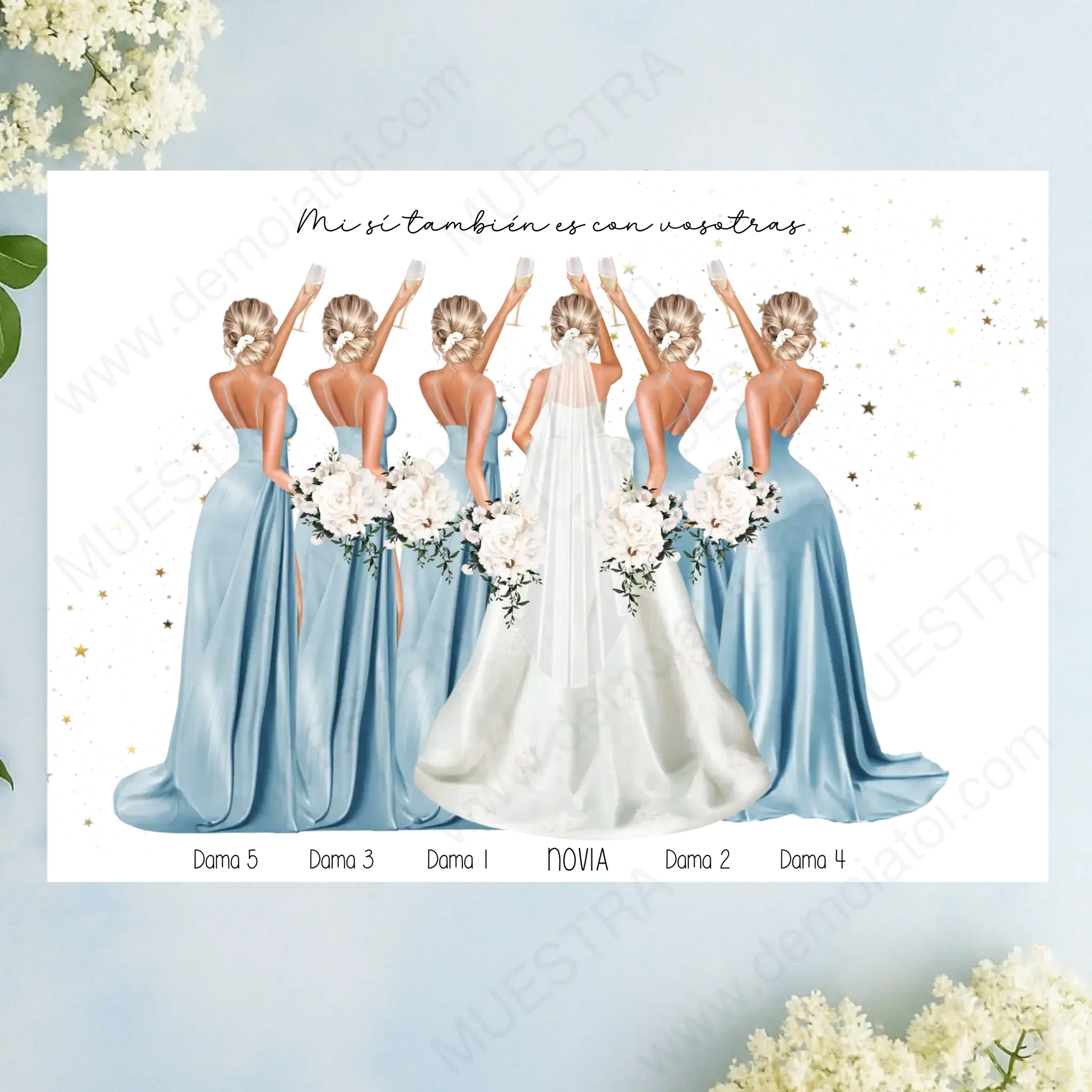 Regalos personalizados damas de honor con ilustración de novia y damas en vestidos azules.