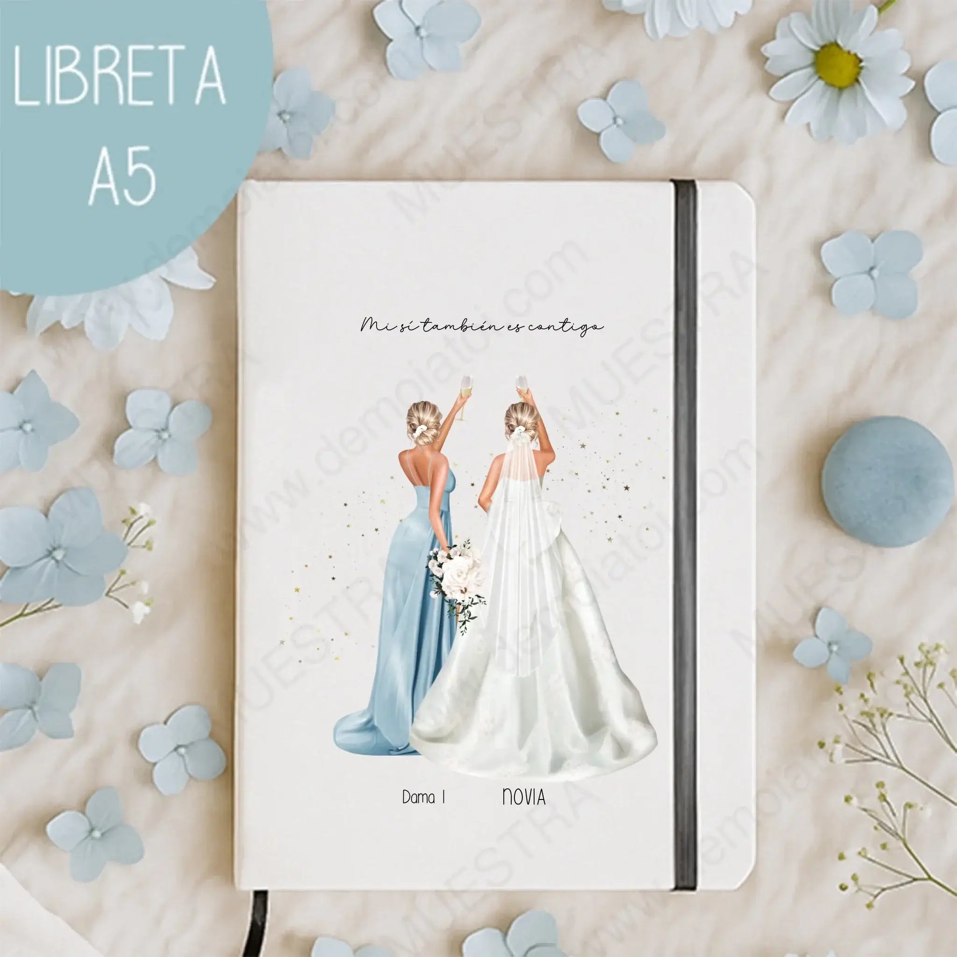 Regalos personalizados damas de honor - libreta A5 con ilustración de novia y damas de honor en diseño elegante.