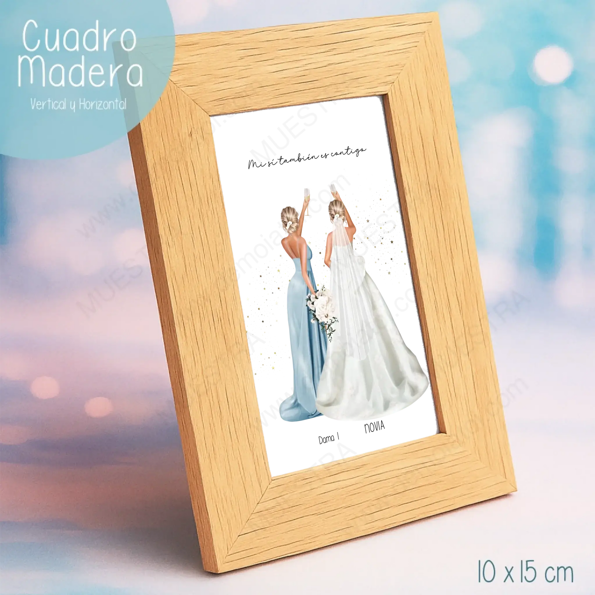 Regalos personalizados damas de honor en marco de madera con ilustración de novia y damas de honor.