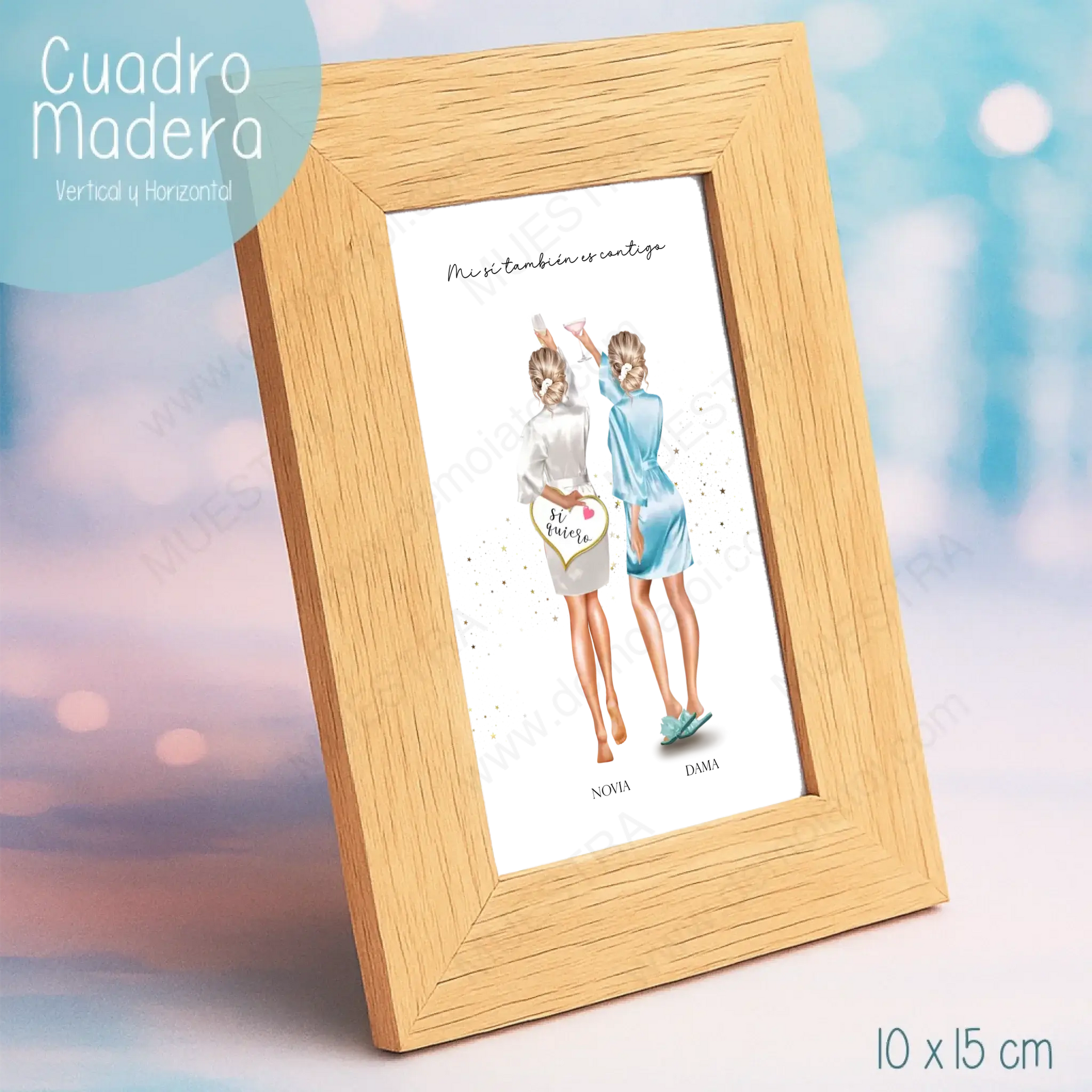 Regalos personalizados damas ilustración de damas de honor en pre-boda con bata en marco de madera.