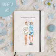 Libreta A5 con ilustración de novia y dama, ideal para regalos personalizados damas en pre-boda.