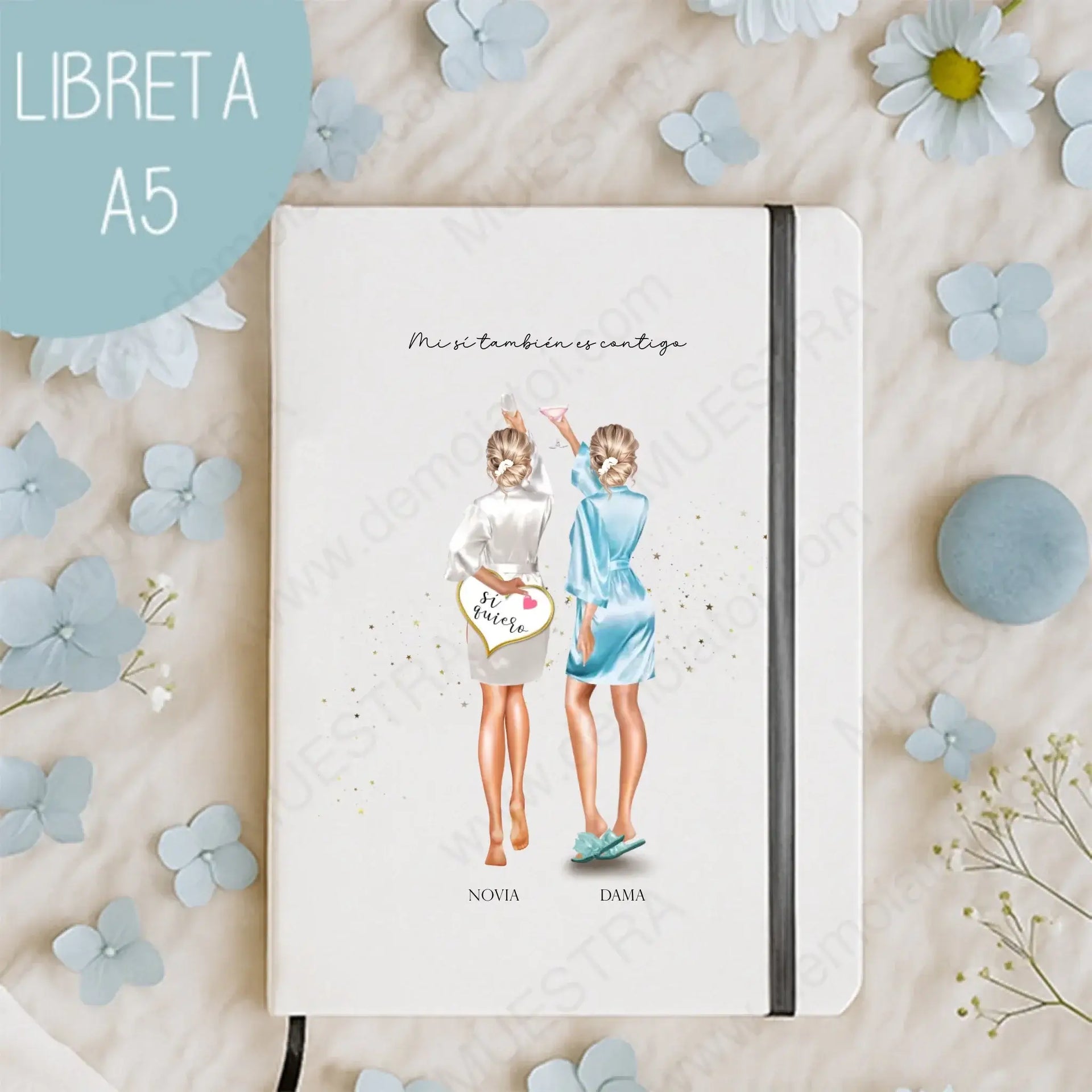 Libreta A5 con ilustración de novia y dama, ideal para regalos personalizados damas en pre-boda.