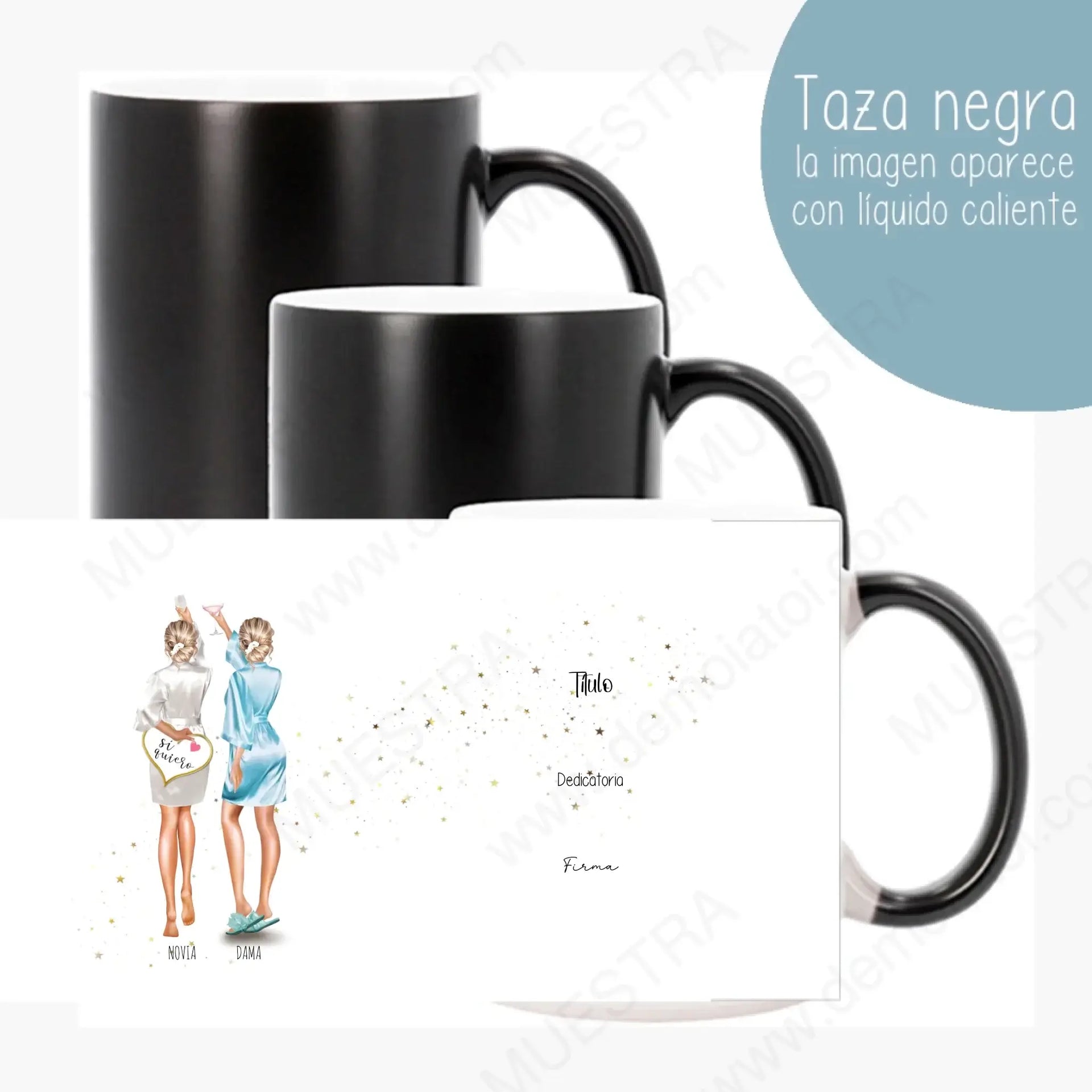 Regalos personalizados damas, taza negra con ilustración de damas de honor en pre-boda con bata.